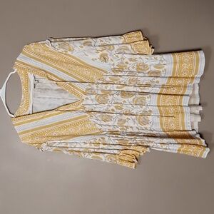 Rachel Zoe Yellow Patterned Wide Armed Blouse w Front Tie M